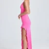 Coraline Ruched Ruffle-Trim Maxi Dress in Lollipop Pink