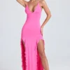 Coraline Ruched Ruffle-Trim Maxi Dress in Lollipop Pink
