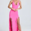 Coraline Ruched Ruffle-Trim Maxi Dress in Lollipop Pink