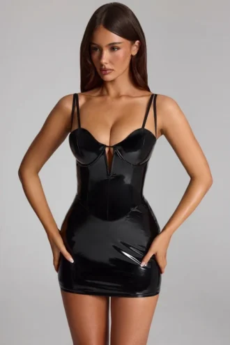 Coratina Vinyl Corset Mini Dress in Black