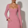 Corinne Sweetheart-Neck Long-Sleeve A-Line Mini Dress in Dusty Pink