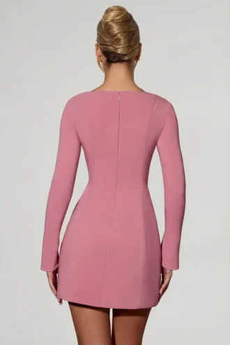 Corinne Sweetheart-Neck Long-Sleeve A-Line Mini Dress in Dusty Pink