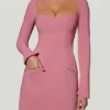 Corinne Sweetheart-Neck Long-Sleeve A-Line Mini Dress in Dusty Pink