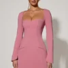 Corinne Sweetheart-Neck Long-Sleeve A-Line Mini Dress in Dusty Pink