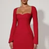 Corinne Sweetheart-Neck Long-Sleeve A-Line Mini Dress in Red