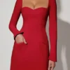 Corinne Sweetheart-Neck Long-Sleeve A-Line Mini Dress in Red