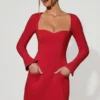 Corinne Sweetheart-Neck Long-Sleeve A-Line Mini Dress in Red