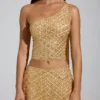 Cosette Embellished Asymmetric Scarf-Detail Top in Gold