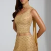 Cosette Embellished Asymmetric Scarf-Detail Top in Gold