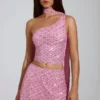 Cosette Embellished Asymmetric Scarf-Detail Top in Pink