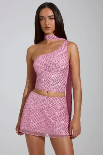 Cosette Embellished Asymmetric Scarf-Detail Top in Pink
