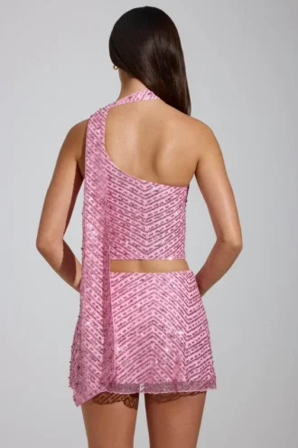 Cosette Embellished Asymmetric Scarf-Detail Top in Pink