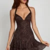 Costanza Embellished Halterneck A-line Mini Dress in Snake Hotfix