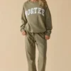 Cotton Fleece Mid-Rise Joggers in Khaki Green