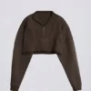 Cotton Jersey Acid Wash Cropped Sweatshirt in Brown