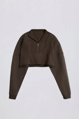 Cotton Jersey Acid Wash Cropped Sweatshirt in Brown