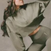 Cotton Jersey Acid Wash Cropped Sweatshirt in Light Green