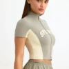 Cotton Jersey Colourblock Zip-Up Crop Top in Mineral