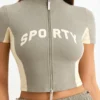 Cotton Jersey Colourblock Zip-Up Crop Top in Mineral