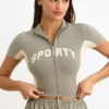 Cotton Jersey Colourblock Zip-Up Crop Top in Mineral