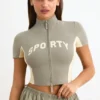Cotton Jersey Colourblock Zip-Up Crop Top in Mineral