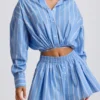Cotton Poplin Stripe Multiway Cropped Shirt in Blue Stripe