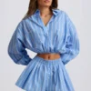 Cotton Poplin Stripe Pleated Shorts in Blue Stripe