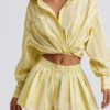 Cotton Poplin Stripe Multiway Cropped Shirt in Yellow Stripe