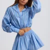 Cotton Poplin Stripe Pleated Shorts in Blue Stripe