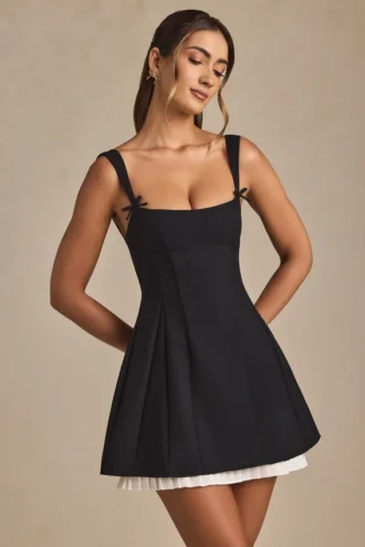 Cressida Bow-Detail Pleated A-Line Mini Dress in Black