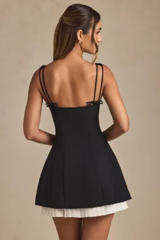 Cressida Bow-Detail Pleated A-Line Mini Dress in Black