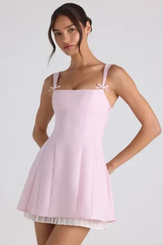 Cressida Bow-Detail Pleated A-Line Mini Dress in Soft Pink