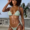 Crinkle Swim Halter Neck Triangle Bikini Top in Sage