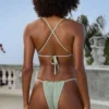 Crinkle Swim Halter Neck Triangle Bikini Top in Sage