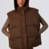 Cropped Puffer Jacket with Detachable Sleeves in Cocoa Brown