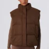 Cropped Puffer Jacket with Detachable Sleeves in Cocoa Brown
