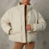 Cropped Puffer Jacket with Detachable Sleeves in Sand