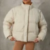 Cropped Puffer Jacket with Detachable Sleeves in Sand