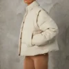 Cropped Puffer Jacket with Detachable Sleeves in Sand