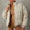 Cropped Puffer Jacket with Detachable Sleeves in Sand
