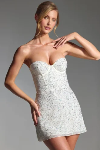 Crystella Embellished Strapless Corset Mini Dress in White