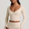 Dagny Ruffle Long-Sleeve Lace Top in Ivory