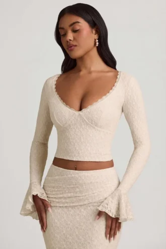 Dagny Ruffle Long-Sleeve Lace Top in Ivory