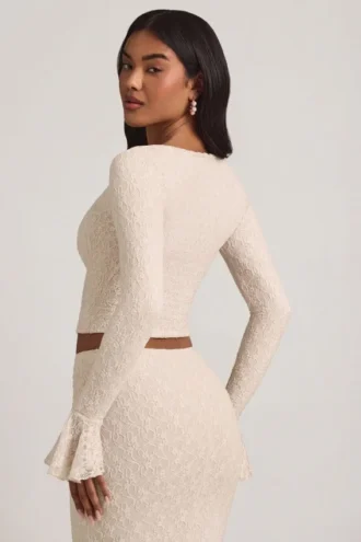 Dagny Ruffle Long-Sleeve Lace Top in Ivory