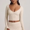 Dagny Ruffle Long-Sleeve Lace Top in Ivory