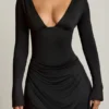Darana Open-Back Draped A-Line Mini Dress in Black