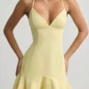 Daria Drop-Waist Lace-Up Mini Dress in Yellow