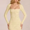 Darla Scalloped-Lace Long-Sleeve Mini Dress in Lemon Yellow