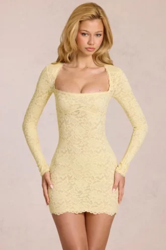 Darla Scalloped-Lace Long-Sleeve Mini Dress in Lemon Yellow