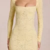 Darla Scalloped-Lace Long-Sleeve Mini Dress in Lemon Yellow